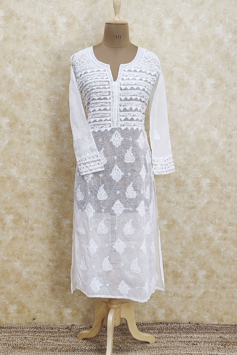 White Colour with mukaish Work Hand Embroidered  Lucknowi Chikankari Kota Cotton Kurti- MC252047